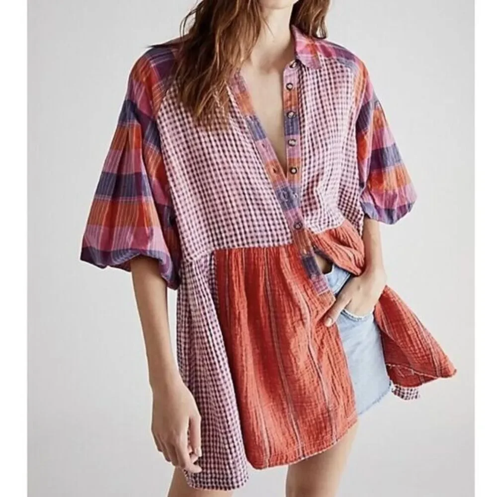 NEW Free People Moon Bay Mixed‎ Plaid Top, XS